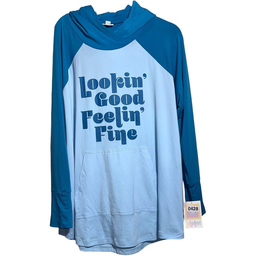 LuLaRoe Amber Hoodie 2XL Blue Lookin Good Feelin Fine Graphic‎ Colorblock NWT